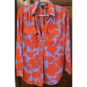 Ann Taylor Lavender With Orange Flower Long Sleeve Blouse Top M